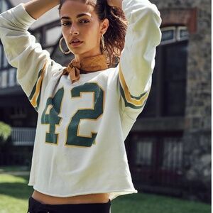 Free People x Retro Brand Green and White Cropped Sport Sweatshirt